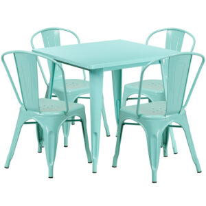 Wholesale 31.5'' Square Mint Green Metal Indoor-Outdoor Table Set with 4 Stack Chairs