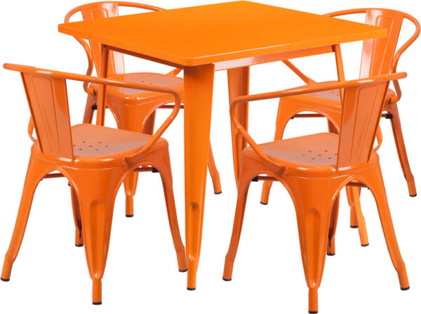 Wholesale 31.5'' Square Orange Metal Indoor-Outdoor Table Set with 4 Arm Chairs