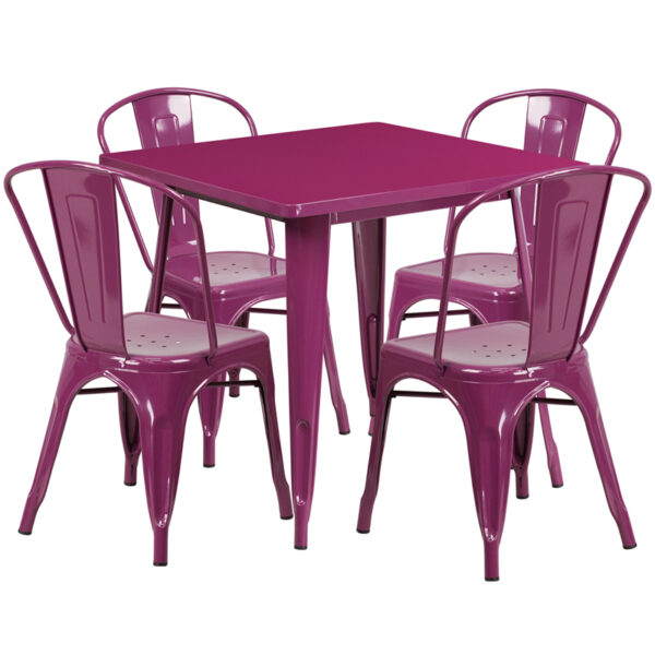 Wholesale 31.5'' Square Purple Metal Indoor-Outdoor Table Set with 4 Stack Chairs
