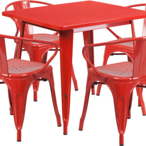 Wholesale 31.5'' Square Red Metal Indoor-Outdoor Table Set with 4 Arm Chairs