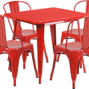 Wholesale 31.5'' Square Red Metal Indoor-Outdoor Table Set with 4 Stack Chairs