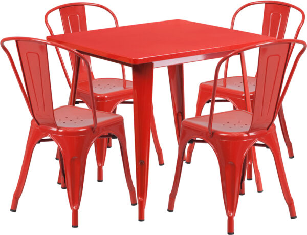 Wholesale 31.5'' Square Red Metal Indoor-Outdoor Table Set with 4 Stack Chairs