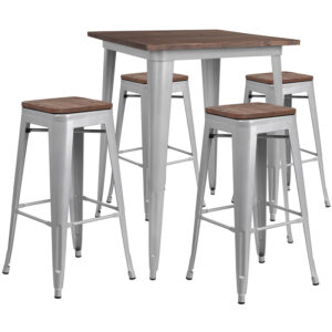 Wholesale 31.5" Square Silver Metal Bar Table Set with Wood Top and 4 Backless Stools