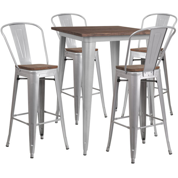 Wholesale 31.5" Square Silver Metal Bar Table Set with Wood Top and 4 Stools