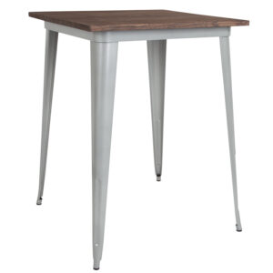 Wholesale 31.5" Square Silver Metal Indoor Bar Height Table with Walnut Rustic Wood Top