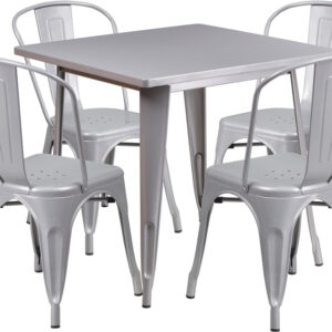 Wholesale 31.5'' Square Silver Metal Indoor-Outdoor Table Set with 4 Stack Chairs