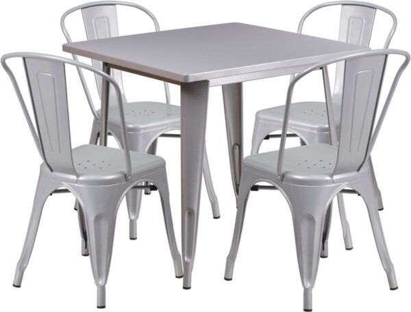 Wholesale 31.5'' Square Silver Metal Indoor-Outdoor Table Set with 4 Stack Chairs