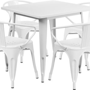 Wholesale 31.5'' Square White Metal Indoor-Outdoor Table Set with 4 Arm Chairs