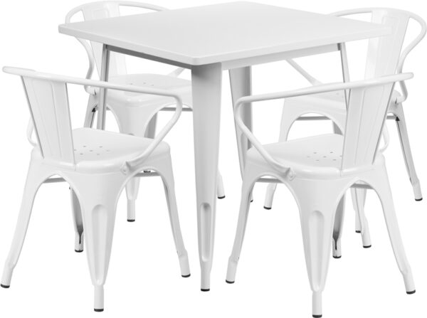 Wholesale 31.5'' Square White Metal Indoor-Outdoor Table Set with 4 Arm Chairs