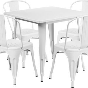 Wholesale 31.5'' Square White Metal Indoor-Outdoor Table Set with 4 Stack Chairs