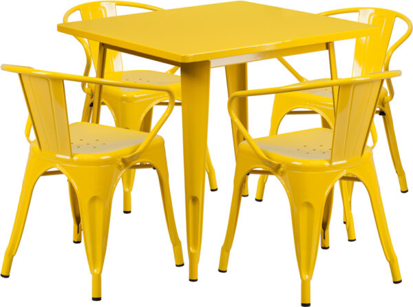 Wholesale 31.5'' Square Yellow Metal Indoor-Outdoor Table Set with 4 Arm Chairs