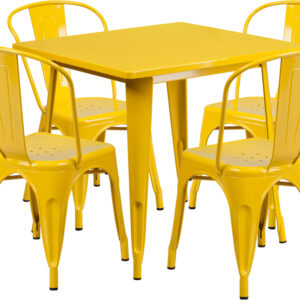 Wholesale 31.5'' Square Yellow Metal Indoor-Outdoor Table Set with 4 Stack Chairs