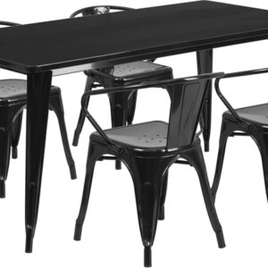 Wholesale 31.5'' x 63'' Rectangular Black Metal Indoor-Outdoor Table Set with 4 Arm Chairs