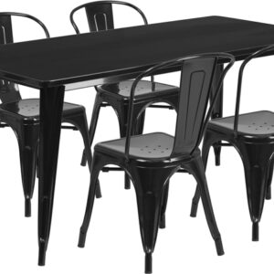 Wholesale 31.5'' x 63'' Rectangular Black Metal Indoor-Outdoor Table Set with 4 Stack Chairs