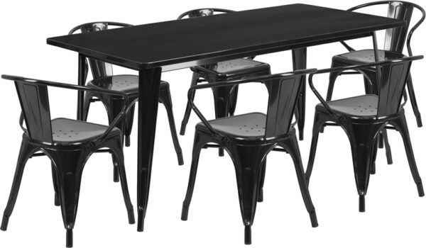 Wholesale 31.5'' x 63'' Rectangular Black Metal Indoor-Outdoor Table Set with 6 Arm Chairs