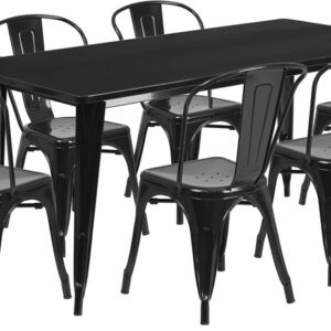 Wholesale 31.5'' x 63'' Rectangular Black Metal Indoor-Outdoor Table Set with 6 Stack Chairs
