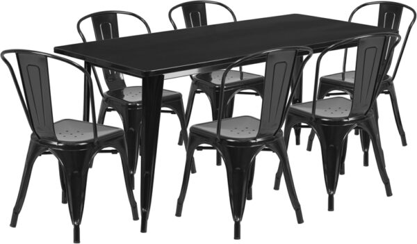 Wholesale 31.5'' x 63'' Rectangular Black Metal Indoor-Outdoor Table Set with 6 Stack Chairs