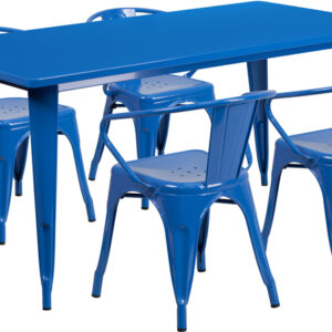 Wholesale 31.5'' x 63'' Rectangular Blue Metal Indoor-Outdoor Table Set with 4 Arm Chairs