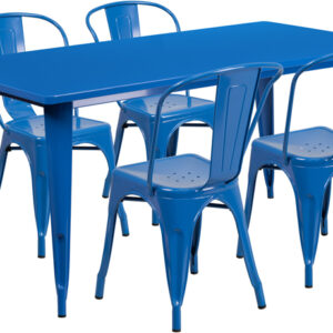 Wholesale 31.5'' x 63'' Rectangular Blue Metal Indoor-Outdoor Table Set with 4 Stack Chairs
