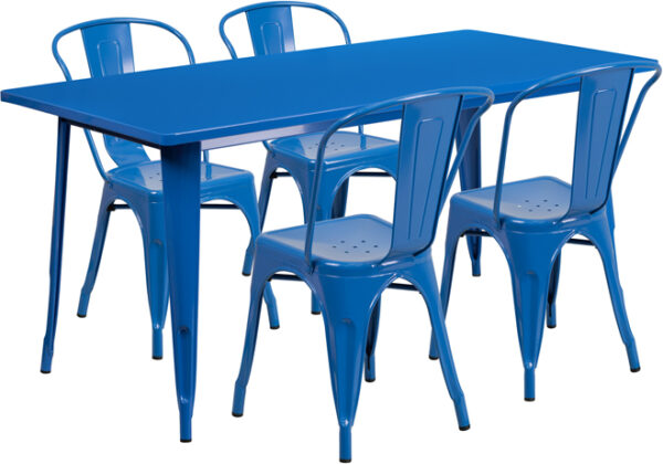 Wholesale 31.5'' x 63'' Rectangular Blue Metal Indoor-Outdoor Table Set with 4 Stack Chairs