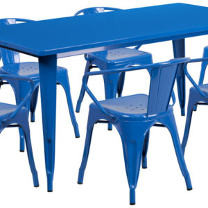 Wholesale 31.5'' x 63'' Rectangular Blue Metal Indoor-Outdoor Table Set with 6 Arm Chairs