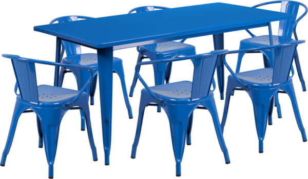 Wholesale 31.5'' x 63'' Rectangular Blue Metal Indoor-Outdoor Table Set with 6 Arm Chairs