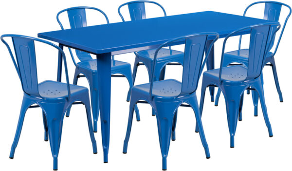 Wholesale 31.5'' x 63'' Rectangular Blue Metal Indoor-Outdoor Table Set with 6 Stack Chairs