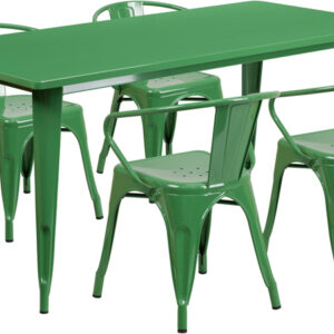 Wholesale 31.5'' x 63'' Rectangular Green Metal Indoor-Outdoor Table Set with 4 Arm Chairs