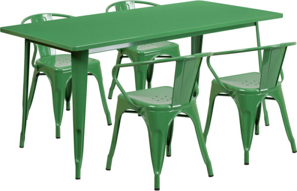 Wholesale 31.5'' x 63'' Rectangular Green Metal Indoor-Outdoor Table Set with 4 Arm Chairs