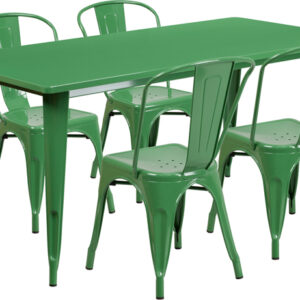 Wholesale 31.5'' x 63'' Rectangular Green Metal Indoor-Outdoor Table Set with 4 Stack Chairs