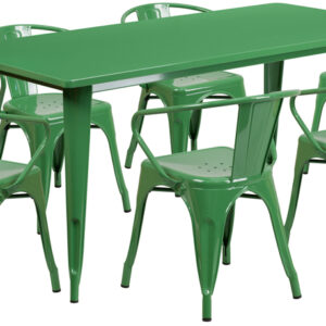 Wholesale 31.5'' x 63'' Rectangular Green Metal Indoor-Outdoor Table Set with 6 Arm Chairs