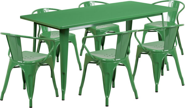 Wholesale 31.5'' x 63'' Rectangular Green Metal Indoor-Outdoor Table Set with 6 Arm Chairs