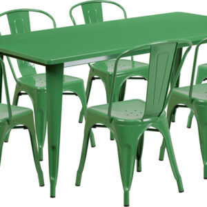 Wholesale 31.5'' x 63'' Rectangular Green Metal Indoor-Outdoor Table Set with 6 Stack Chairs