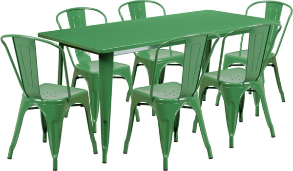 Wholesale 31.5'' x 63'' Rectangular Green Metal Indoor-Outdoor Table Set with 6 Stack Chairs