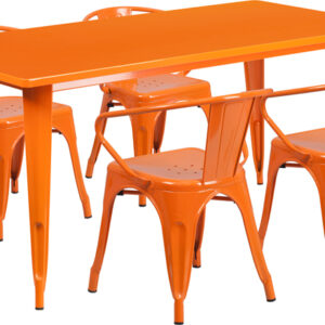 Wholesale 31.5'' x 63'' Rectangular Orange Metal Indoor-Outdoor Table Set with 4 Arm Chairs