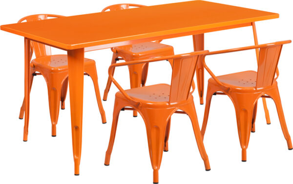 Wholesale 31.5'' x 63'' Rectangular Orange Metal Indoor-Outdoor Table Set with 4 Arm Chairs