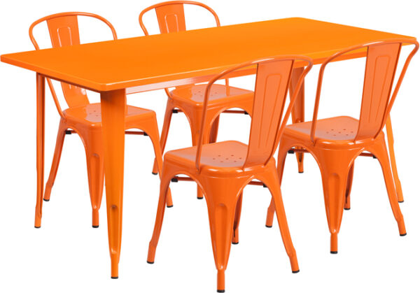 Wholesale 31.5'' x 63'' Rectangular Orange Metal Indoor-Outdoor Table Set with 4 Stack Chairs