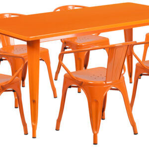 Wholesale 31.5'' x 63'' Rectangular Orange Metal Indoor-Outdoor Table Set with 6 Arm Chairs