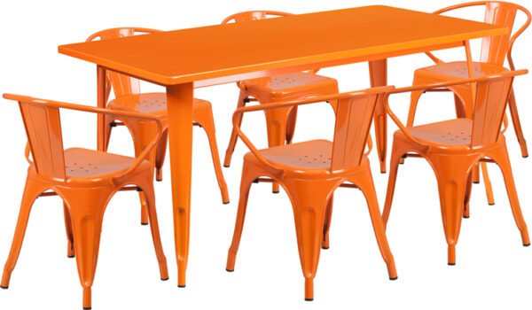 Wholesale 31.5'' x 63'' Rectangular Orange Metal Indoor-Outdoor Table Set with 6 Arm Chairs