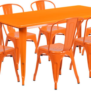 Wholesale 31.5'' x 63'' Rectangular Orange Metal Indoor-Outdoor Table Set with 6 Stack Chairs