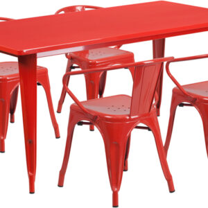 Wholesale 31.5'' x 63'' Rectangular Red Metal Indoor-Outdoor Table Set with 4 Arm Chairs
