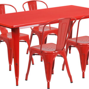 Wholesale 31.5'' x 63'' Rectangular Red Metal Indoor-Outdoor Table Set with 4 Stack Chairs