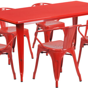 Wholesale 31.5'' x 63'' Rectangular Red Metal Indoor-Outdoor Table Set with 6 Arm Chairs
