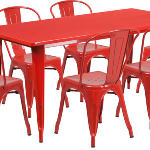 Wholesale 31.5'' x 63'' Rectangular Red Metal Indoor-Outdoor Table Set with 6 Stack Chairs