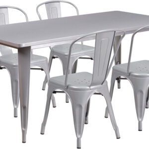 Wholesale 31.5'' x 63'' Rectangular Silver Metal Indoor-Outdoor Table Set with 4 Stack Chairs
