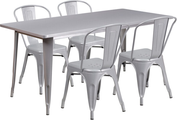 Wholesale 31.5'' x 63'' Rectangular Silver Metal Indoor-Outdoor Table Set with 4 Stack Chairs