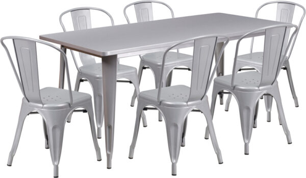 Wholesale 31.5'' x 63'' Rectangular Silver Metal Indoor-Outdoor Table Set with 6 Stack Chairs