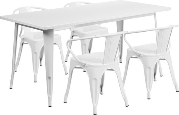 Wholesale 31.5'' x 63'' Rectangular White Metal Indoor-Outdoor Table Set with 4 Arm Chairs