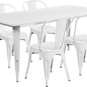 Wholesale 31.5'' x 63'' Rectangular White Metal Indoor-Outdoor Table Set with 4 Stack Chairs