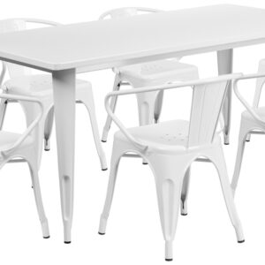 Wholesale 31.5'' x 63'' Rectangular White Metal Indoor-Outdoor Table Set with 6 Arm Chairs